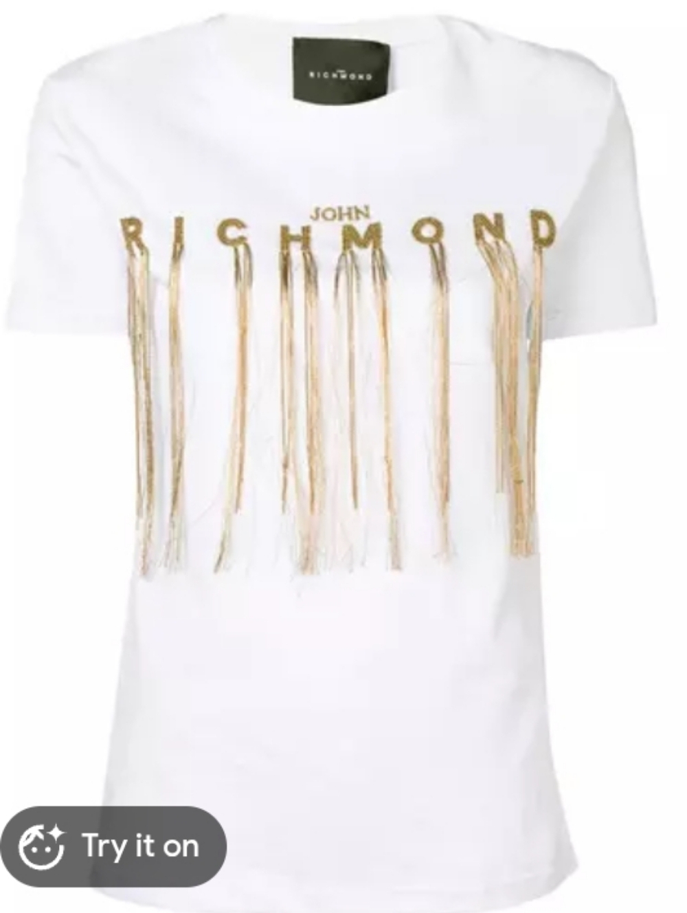 John Richmond White Tee w/ Gold Beaded Logo Women's Size Small New w/ Callout